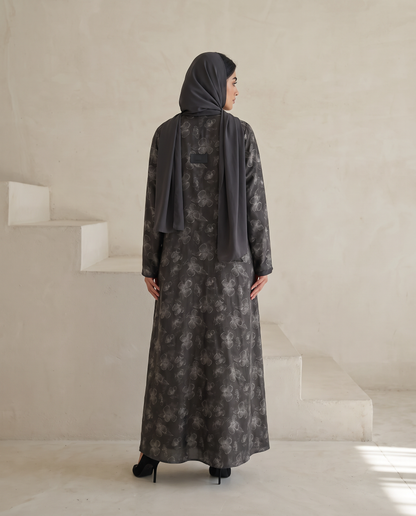 Silver Weldon Blue Printed Abaya with Vintage Floral Overlay