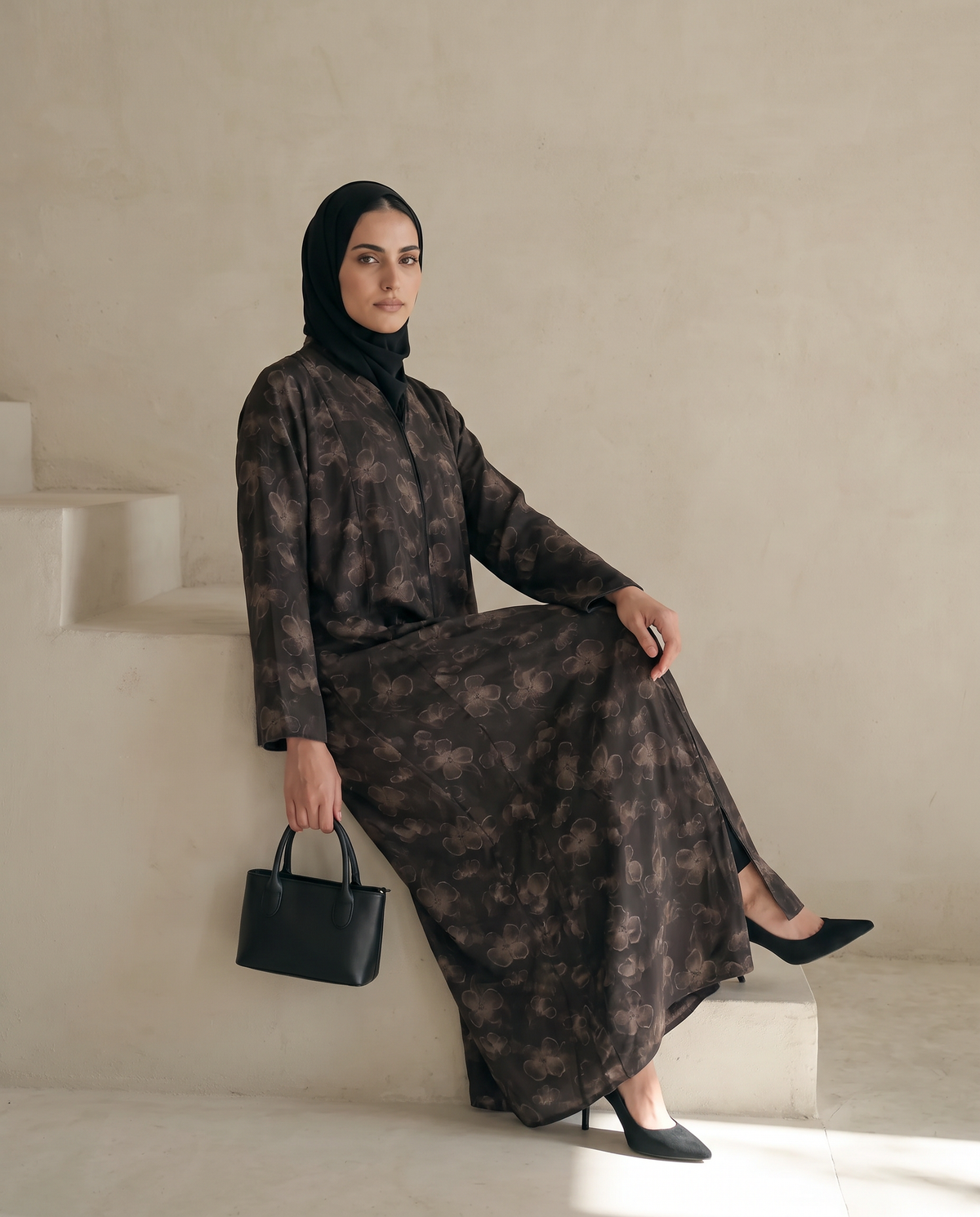 Bronze Weldon Blue Printed Abaya with Vintage Floral Overlay