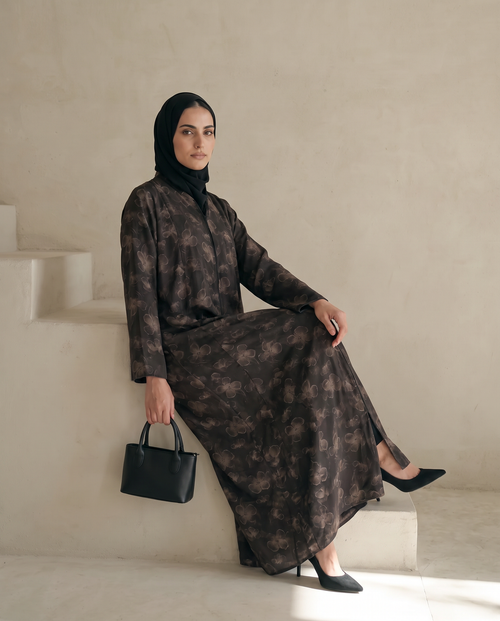 Bronze Weldon Blue Printed Abaya with Vintage Floral Overlay – hover image