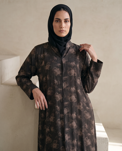 Bronze Weldon Blue Printed Abaya with Vintage Floral Overlay