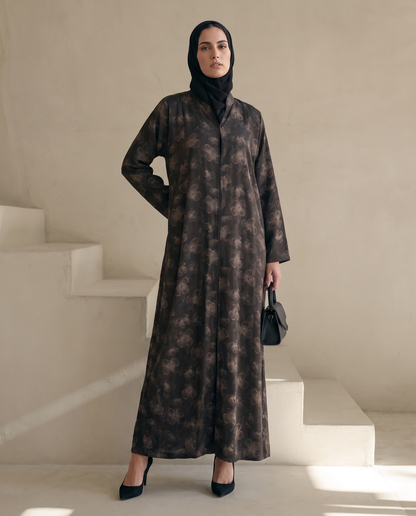 Bronze Weldon Blue Printed Abaya with Vintage Floral Overlay