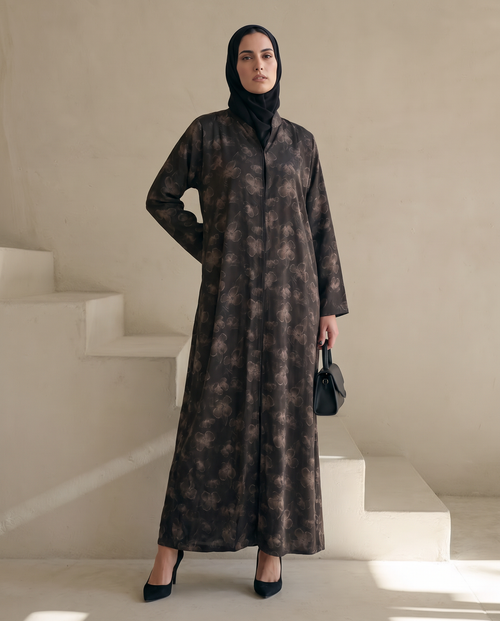 Bronze Weldon Blue Printed Abaya with Vintage Floral Overlay