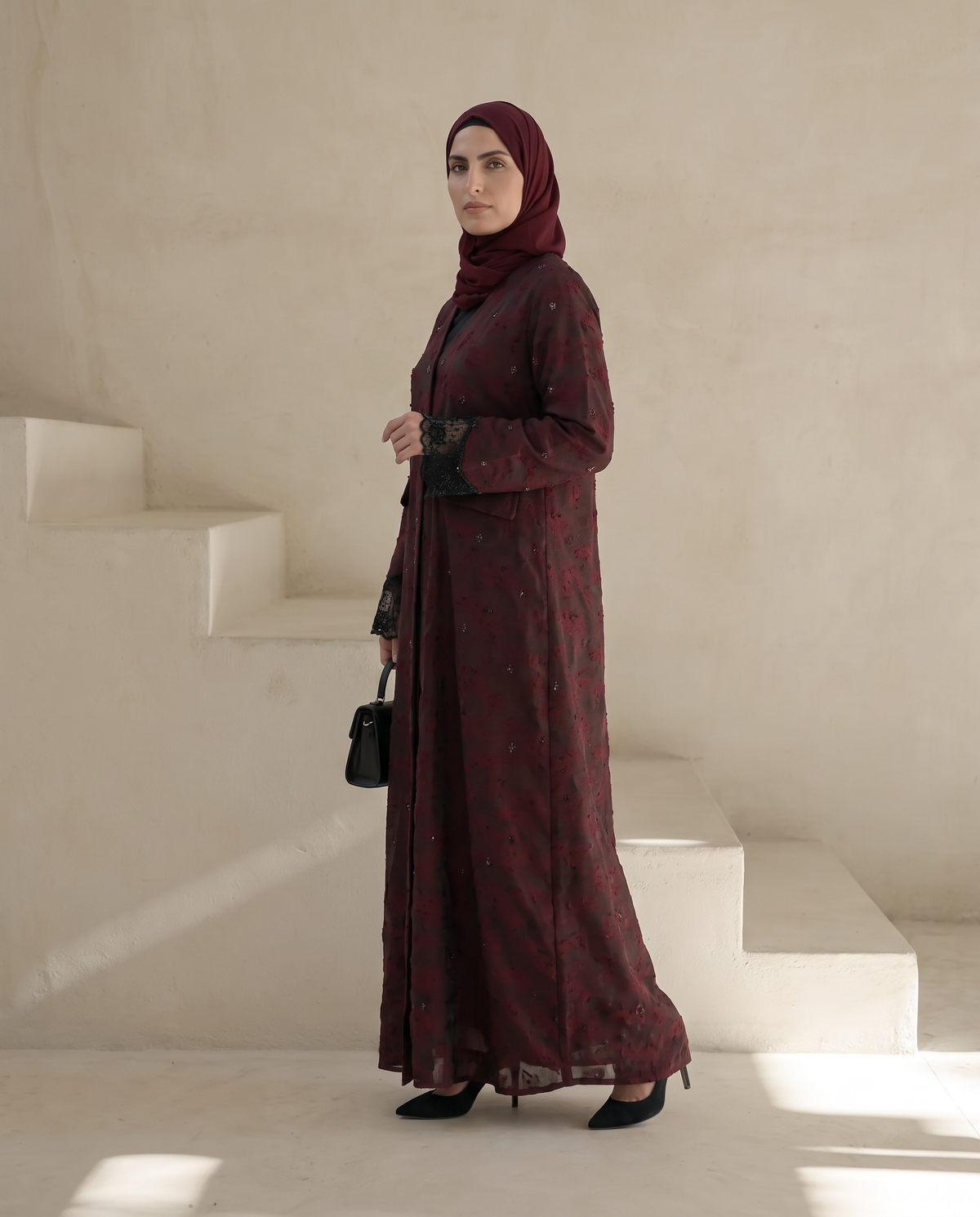 Textured Premium Red Abaya with Embellished Detail & Lace Cuff Sleeves