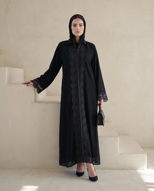 Black Abaya with Intricate Lace Paneling and Scalloped Embroidered Details