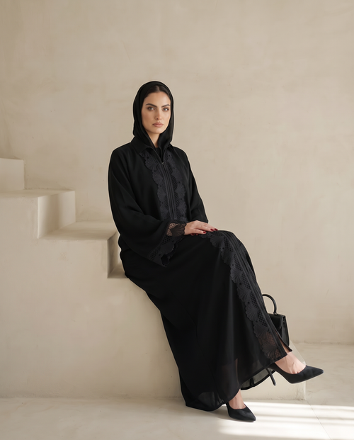 Black Abaya with Intricate Lace Paneling and Scalloped Embroidered Details – hover image
