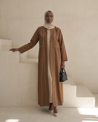 Contrast-Piped Cocoa Abaya with Structured Tailored Finish
