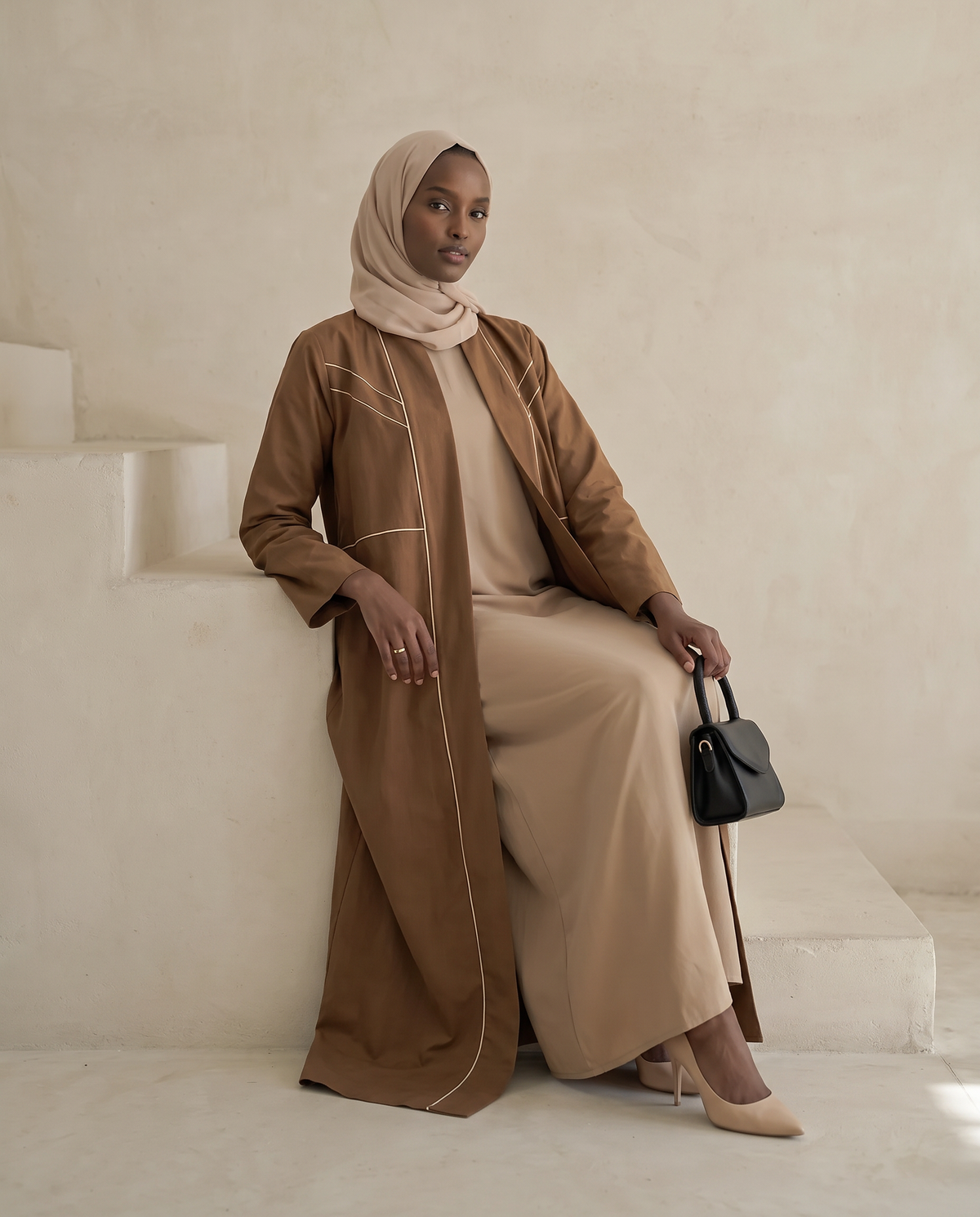 Contrast-Piped Cocoa Abaya with Structured Tailored Finish