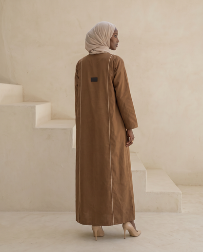 Contrast-Piped Cocoa Abaya with Structured Tailored Finish