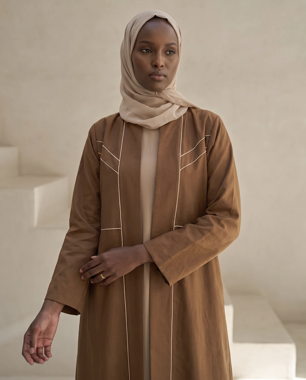 Contrast-Piped Cocoa Abaya with Structured Tailored Finish