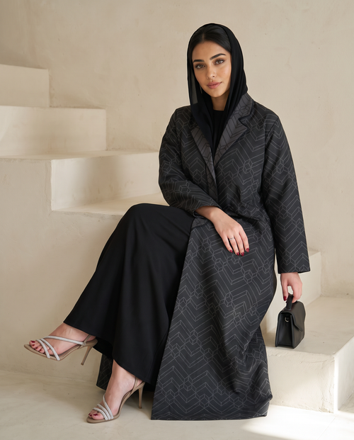 Midnight Geo-Pattern Luxe Open Abaya – Structured Jacquard Black Cloak – hover image