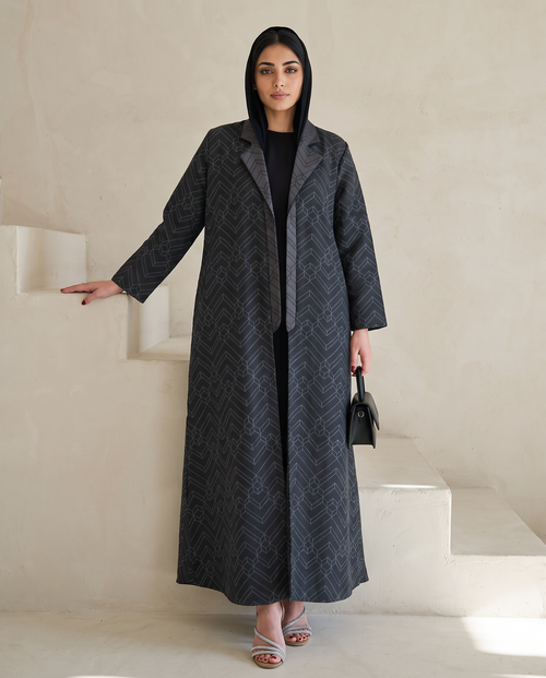 Midnight Geo-Pattern Luxe Open Abaya – Structured Jacquard Black Cloak