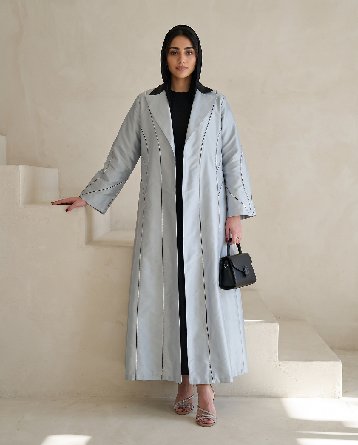 Silver Taffeta Abaya with Sculpted Seam Detailing