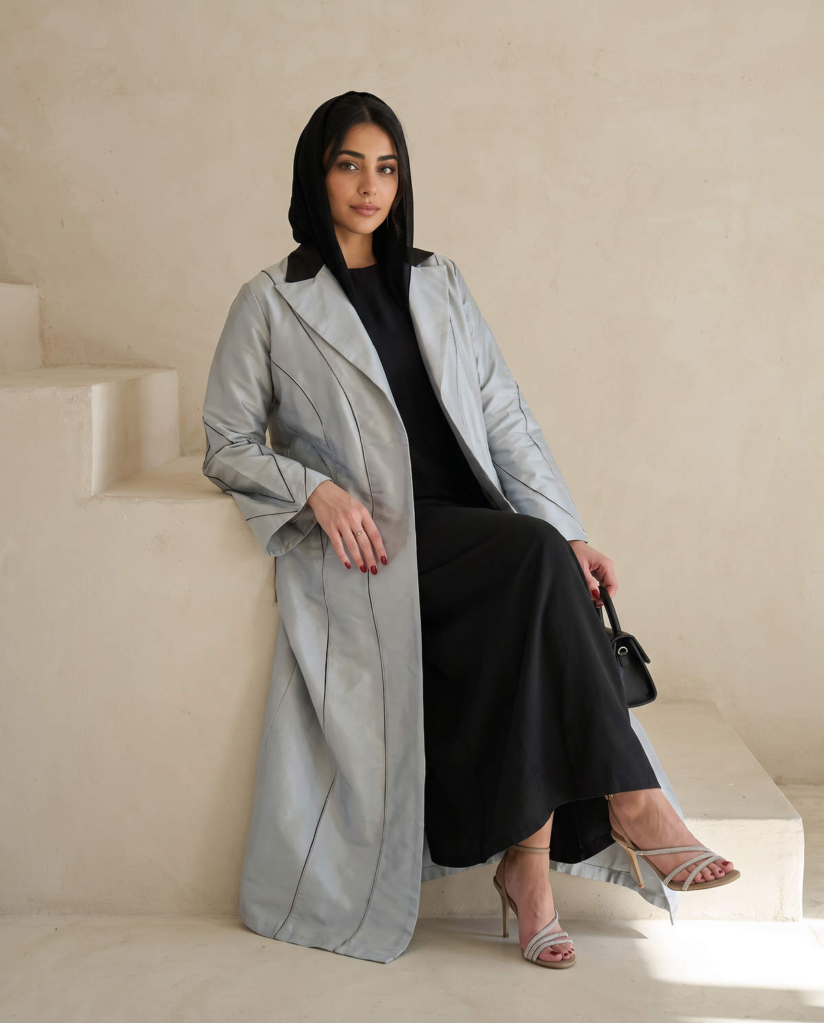 Silver Taffeta Abaya with Sculpted Seam Detailing