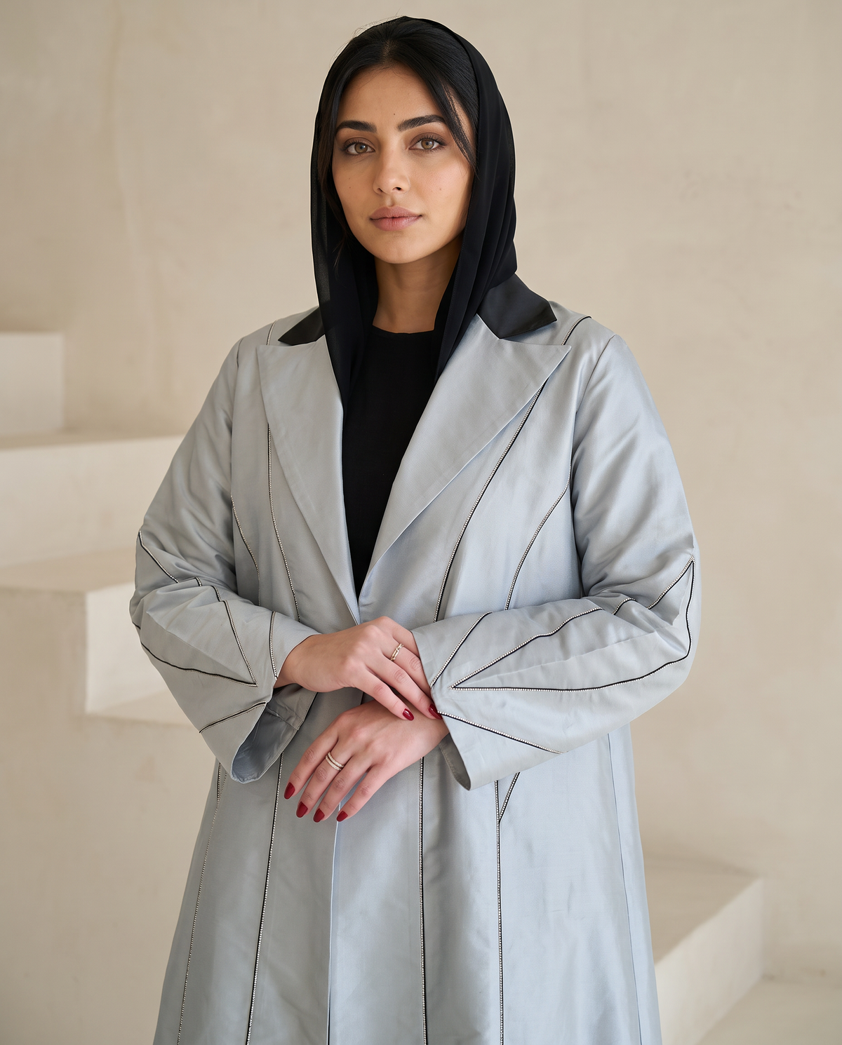 Silver Taffeta Abaya with Sculpted Seam Detailing