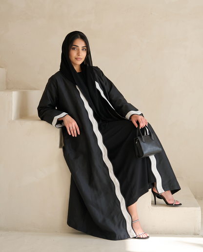 Black Taffeta Abaya with Wavy Contrast Center Panel and Cuff Accents