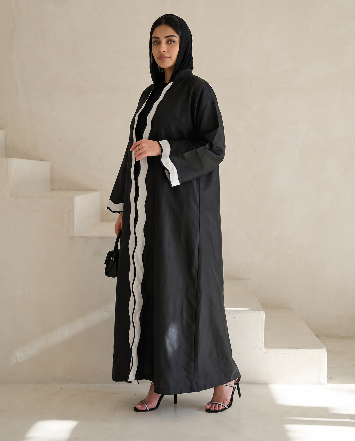 Black Taffeta Abaya with Wavy Contrast Center Panel and Cuff Accents