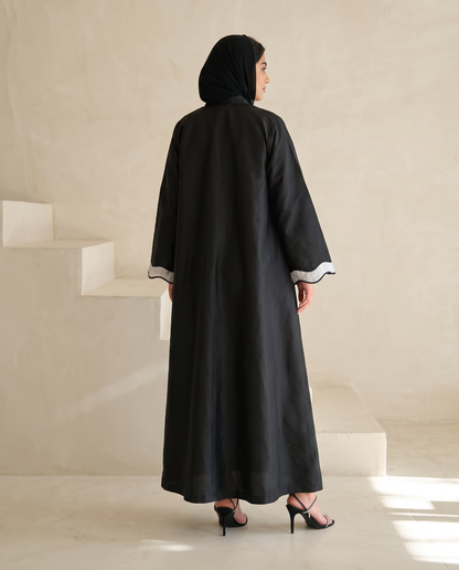 Black Taffeta Abaya with Wavy Contrast Center Panel and Cuff Accents