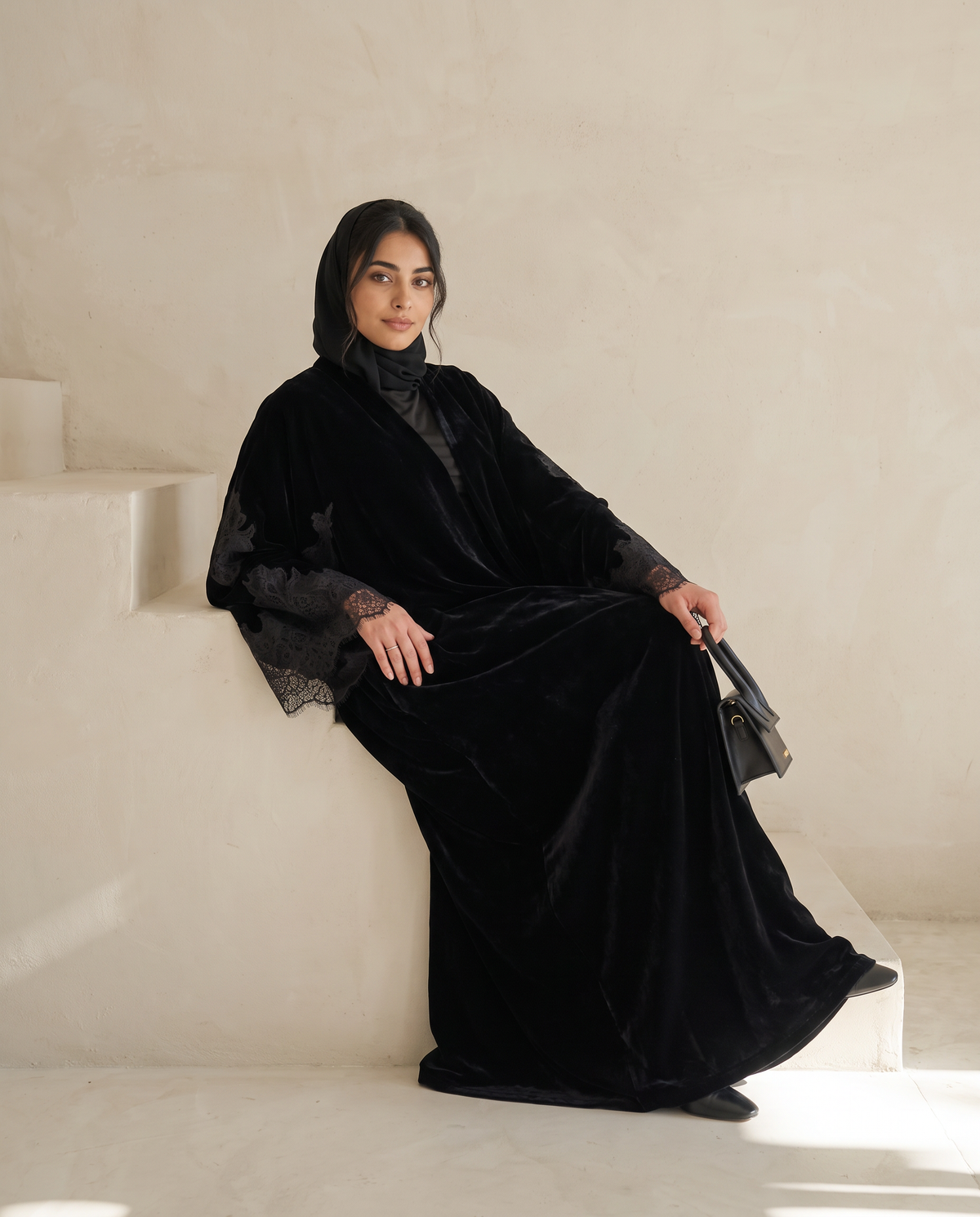 Velvet Kimono Abaya with Lace Bell Sleeves