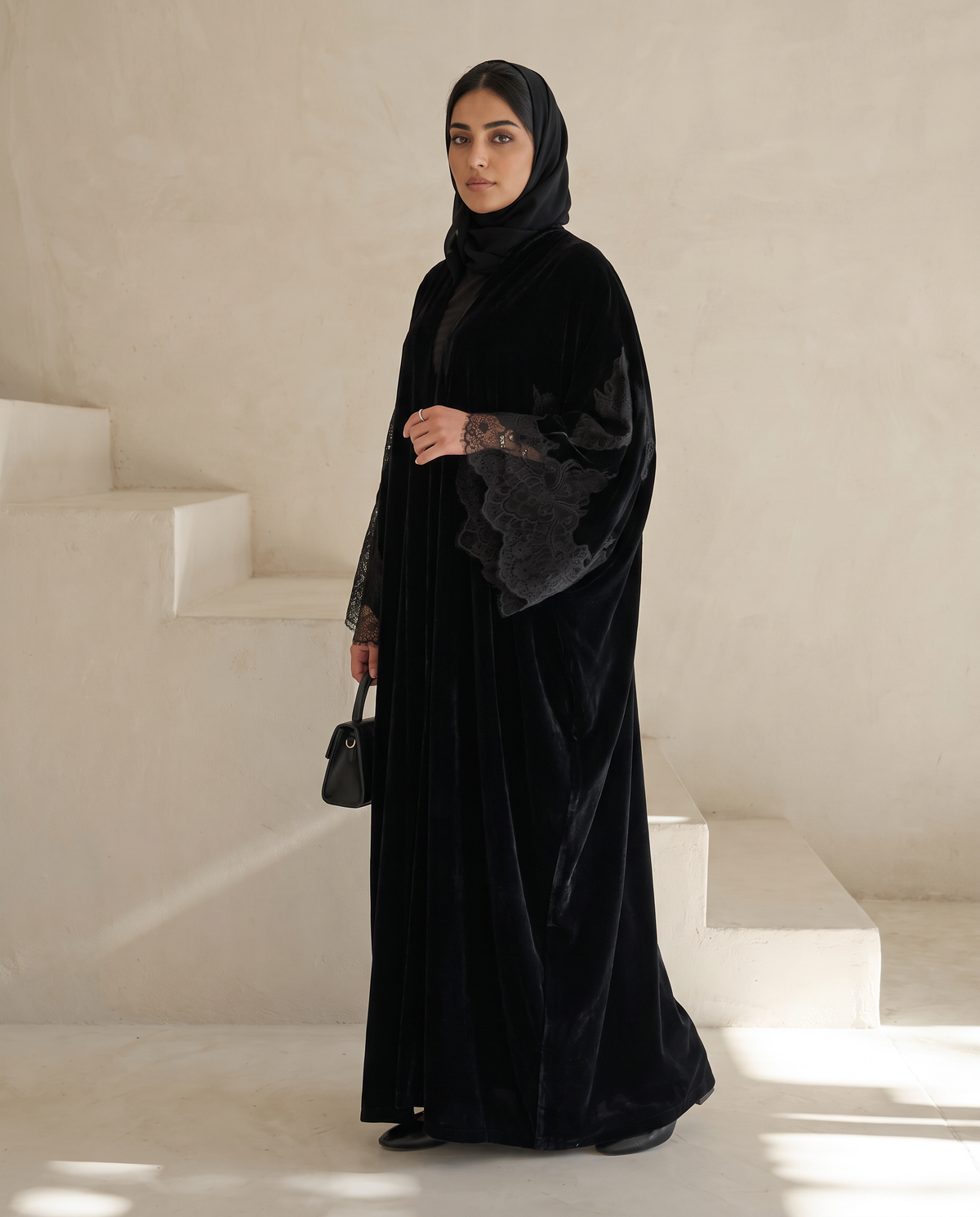 Velvet Kimono Abaya with Lace Bell Sleeves