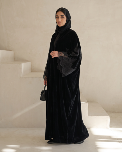 Velvet Kimono Abaya with Lace Bell Sleeves