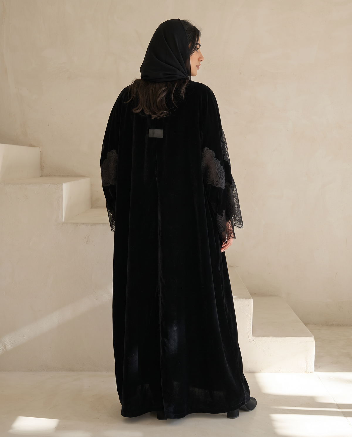 Velvet Kimono Abaya with Lace Bell Sleeves