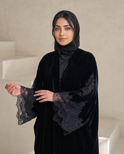 Velvet Kimono Abaya with Lace Bell Sleeves