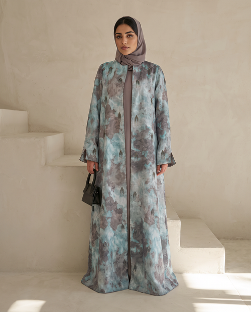 Turquoise & Grey Abstract Printed Abaya