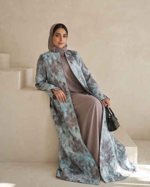 Turquoise & Grey Abstract Printed Abaya – hover image