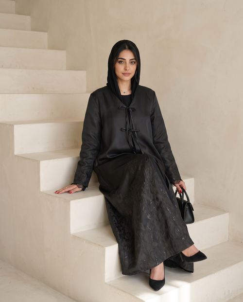 Noir Tie-Front Textured Evening Abaya – hover image