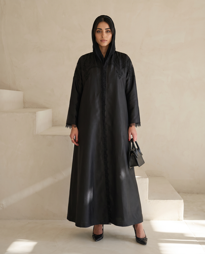 Black Taffeta Abaya with Intricate Beaded Lace Yoke