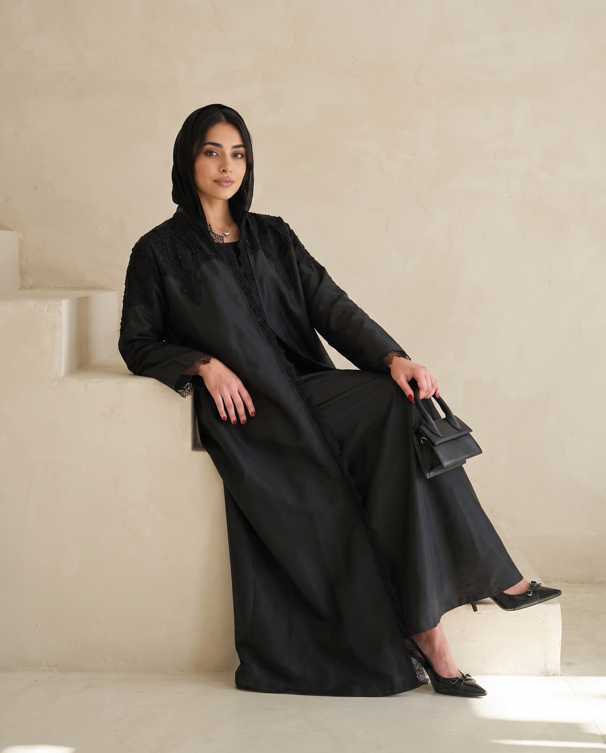 Black Taffeta Abaya with Intricate Beaded Lace Yoke