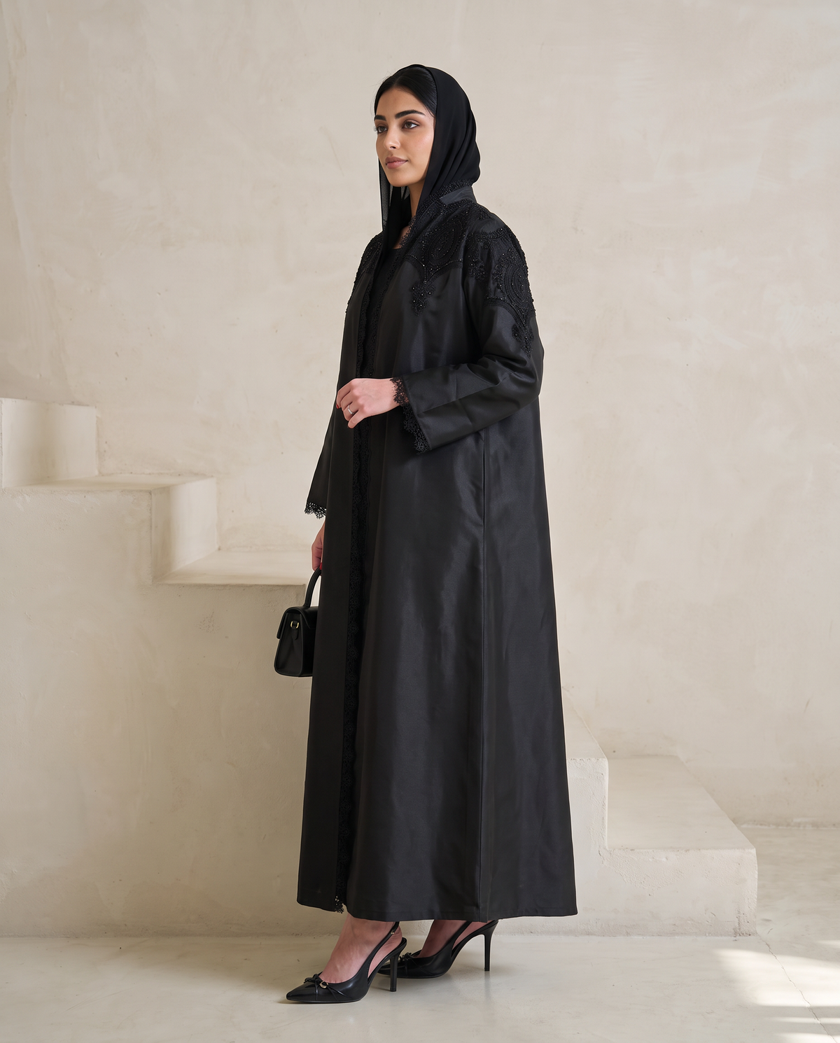Black Taffeta Abaya with Intricate Beaded Lace Yoke