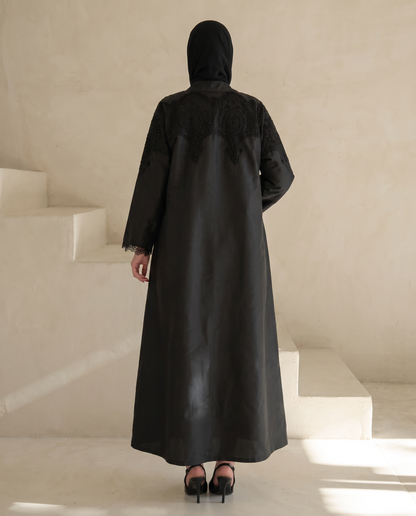 Black Taffeta Abaya with Intricate Beaded Lace Yoke