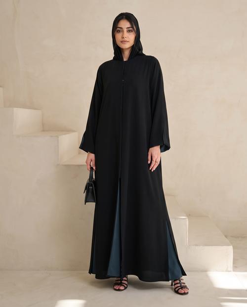 Minimalist Black Abaya with Jelly Bean Inner Sleeve Contrast