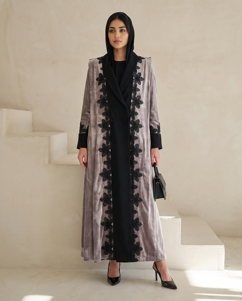 Velvet Frost Abaya with Black Floral Lace Embellishment