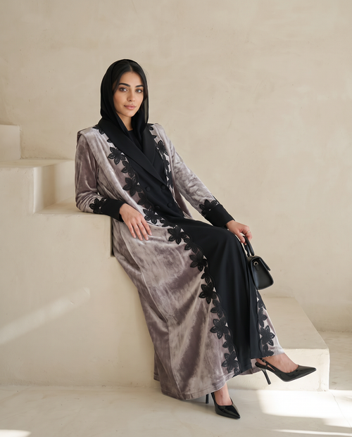Velvet Frost Abaya with Black Floral Lace Embellishment – hover image