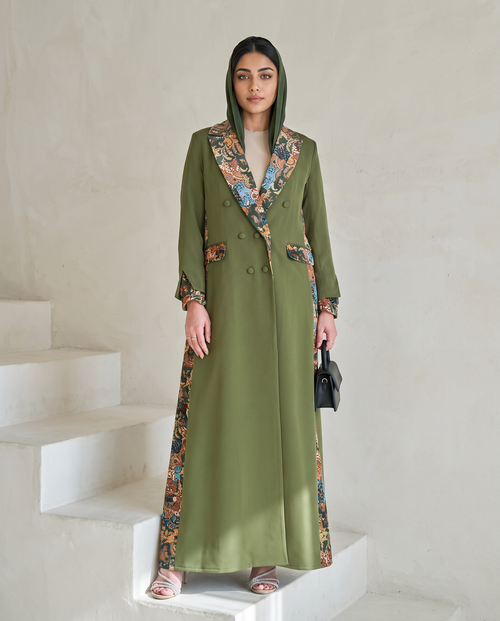 Emerald Imperial Brocade-Lapel Abaya with Artisan Panel Detailing