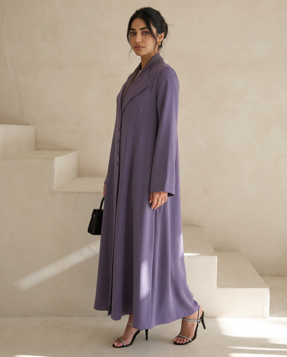 Elegant Mauve Crepe Abaya with Structured Lapel & Button Detailing