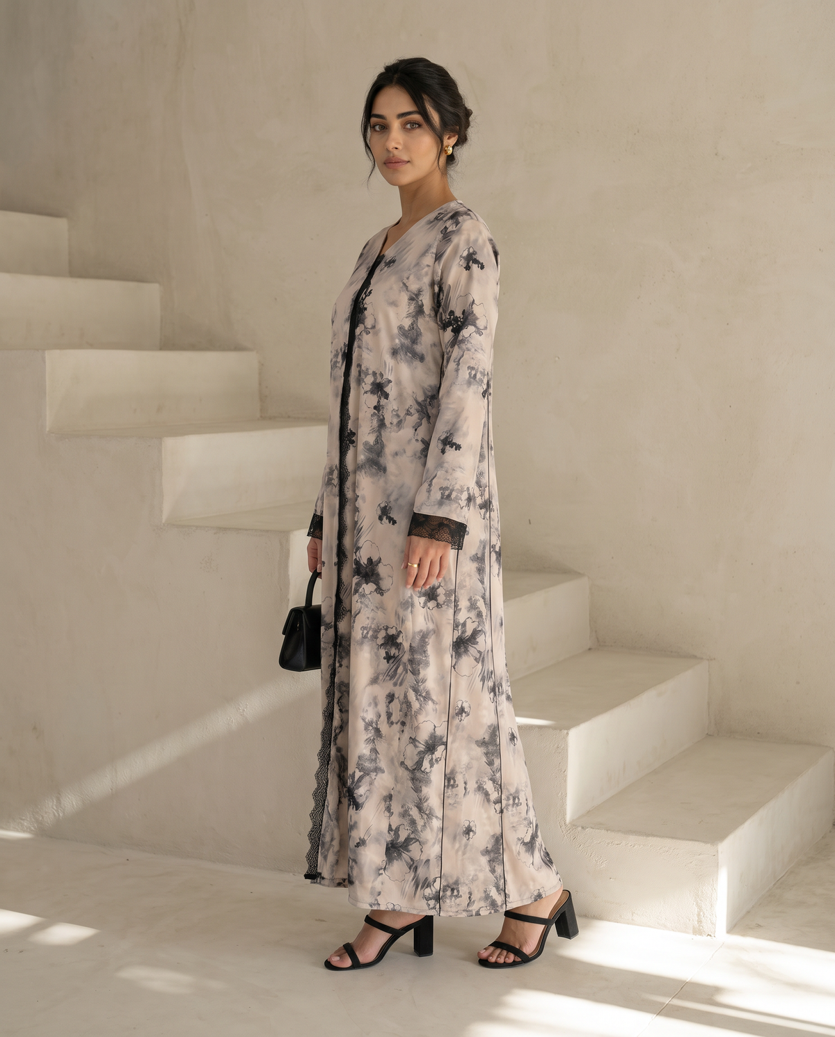 Celestial Royal Print Abaya with Black Lace Appliqué Detailing