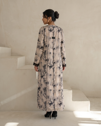 Celestial Royal Print Abaya with Black Lace Appliqué Detailing