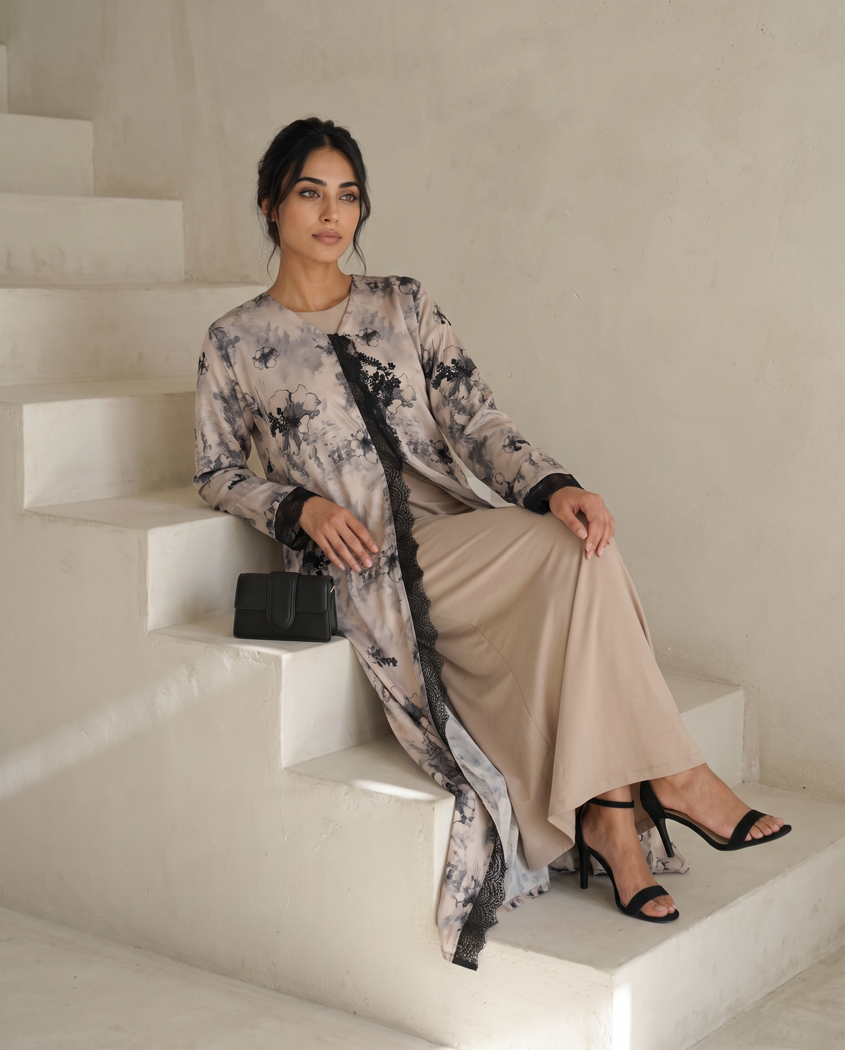 Celestial Royal Print Abaya with Black Lace Appliqué Detailing