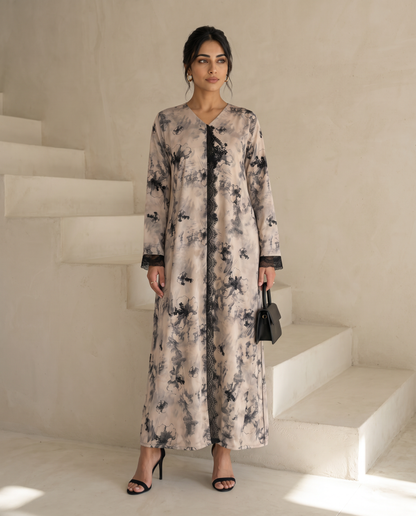 Celestial Royal Print Abaya with Black Lace Appliqué Detailing