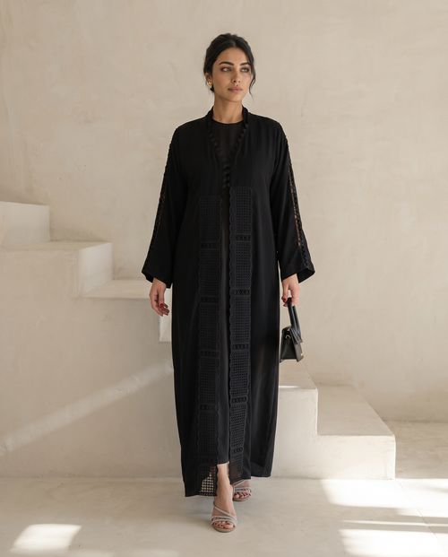 Black Abaya with Geometric Embroidered Panels