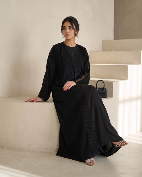 Black Abaya with Geometric Embroidered Panels – hover image