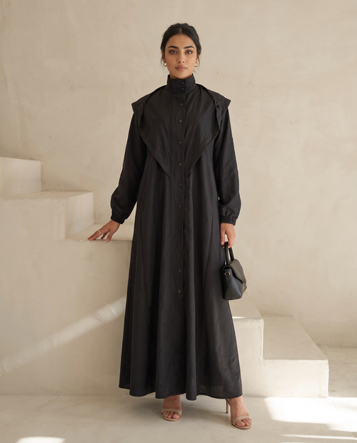 Hooded Button Down Modern Streetwear Black Abaya