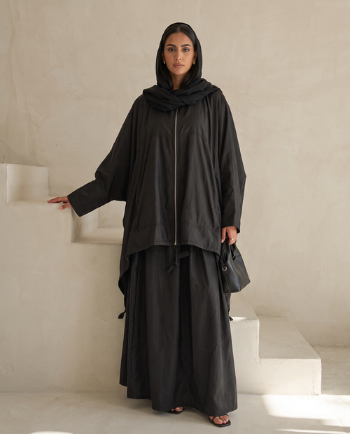 Modest Streetwear Black Abaya Set with Zip Jacket and Skirt