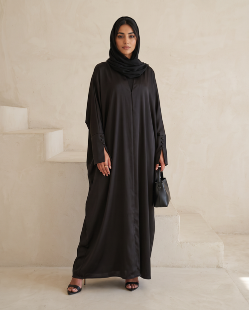 Black Satin Luxe Abaya with Contrast Cuff Detailing