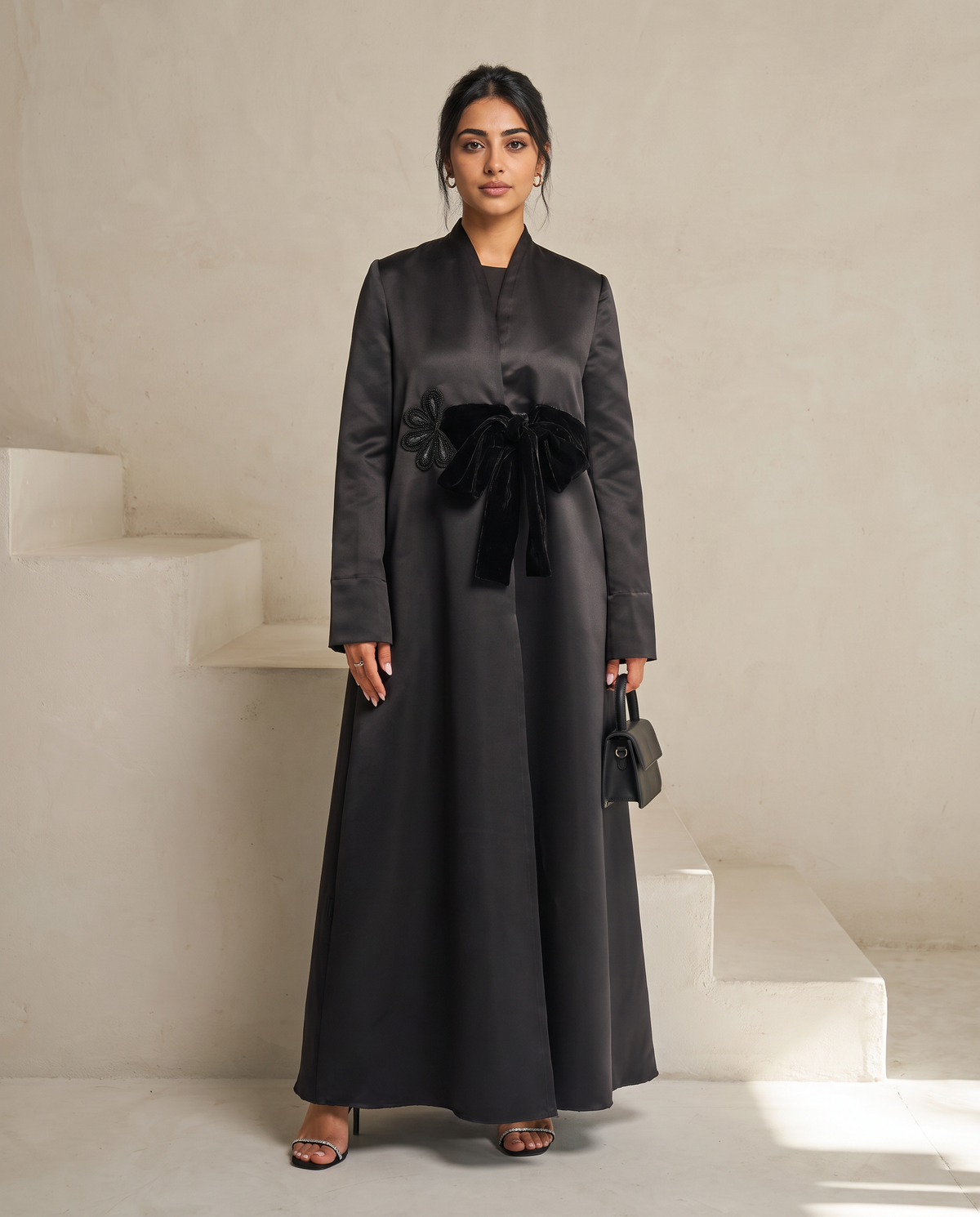 Elegant Satin Evening Abaya with Velvet Tie Belt and Floral Textured Motifs
