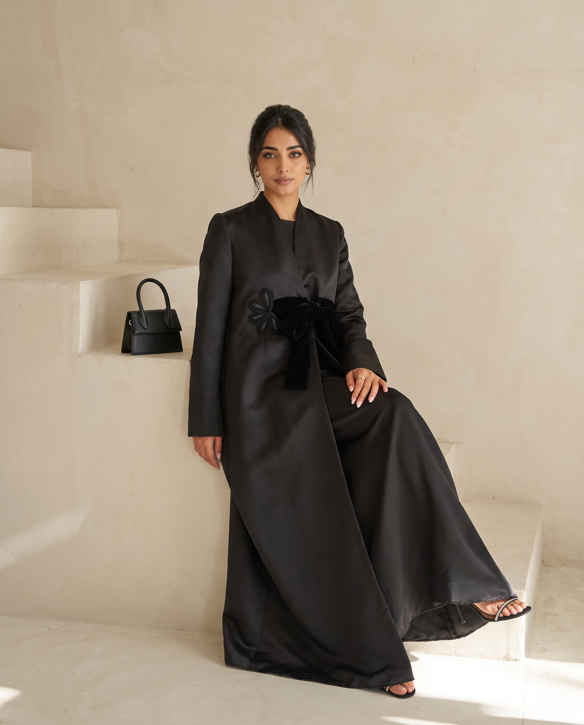 Elegant Satin Evening Abaya with Velvet Tie Belt and Floral Textured Motifs