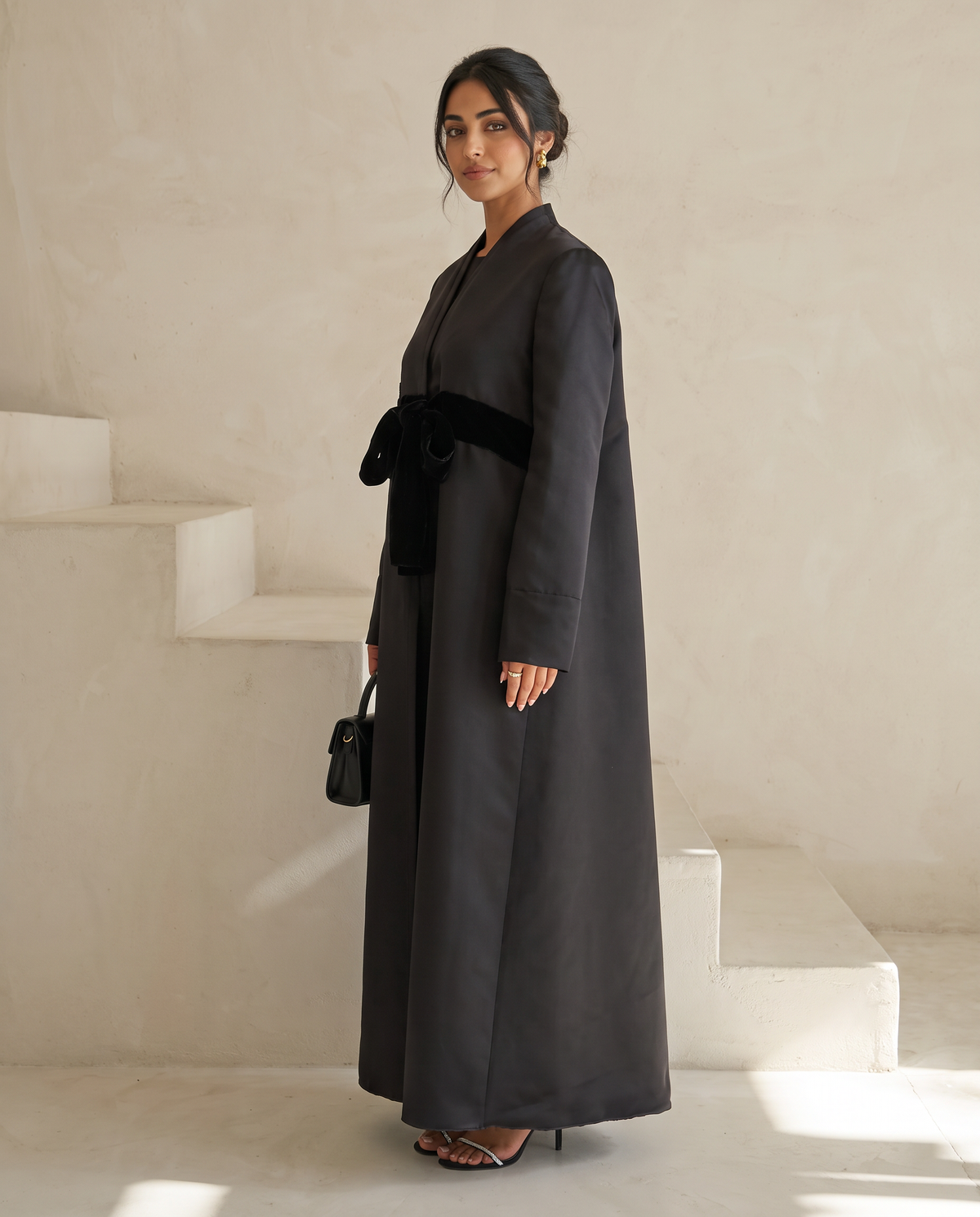 Elegant Satin Evening Abaya with Velvet Tie Belt and Floral Textured Motifs